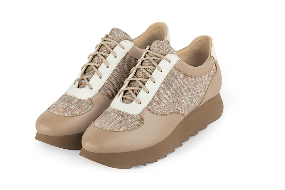 Tan beige and off white women's three-tone elegant sneakers. Round toe. Low rubber soles. Front view - Florence KOOIJMAN